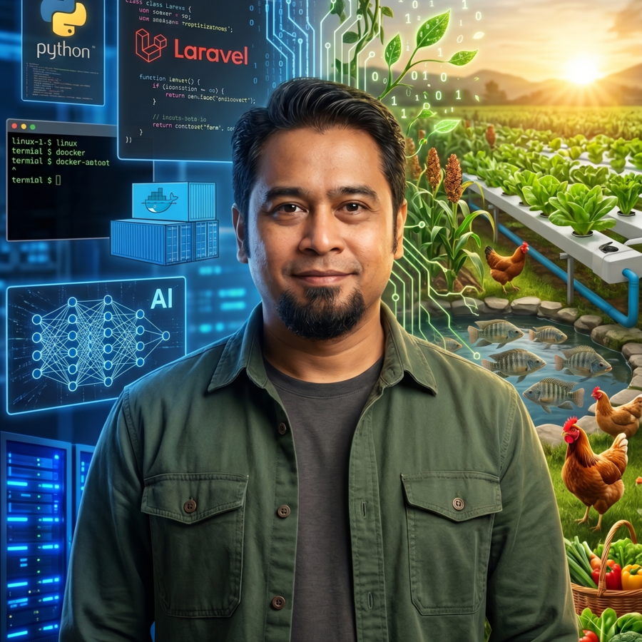 Portrait blending software engineering with urban farming, aquaculture, and livestock.
